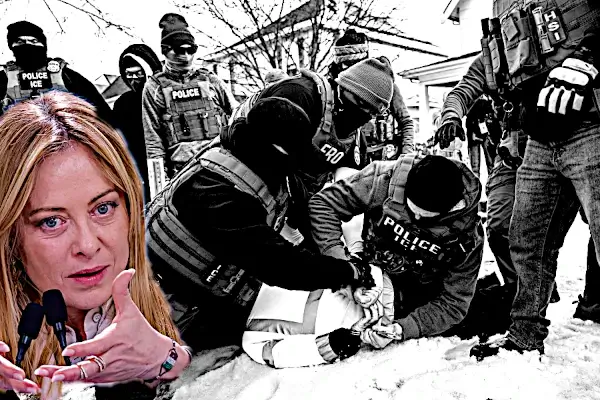 I killer del ICE ospiti di Giorgia Meloni alle Olimpiadi with surrounding environment and a calm emotional tone